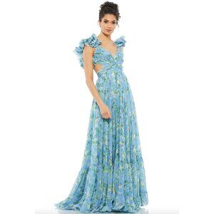 MAC DUGGAL Indy Ruffle Tiered Blue Floral Chiffon Gown 67803 Size 0 Maxi Dress